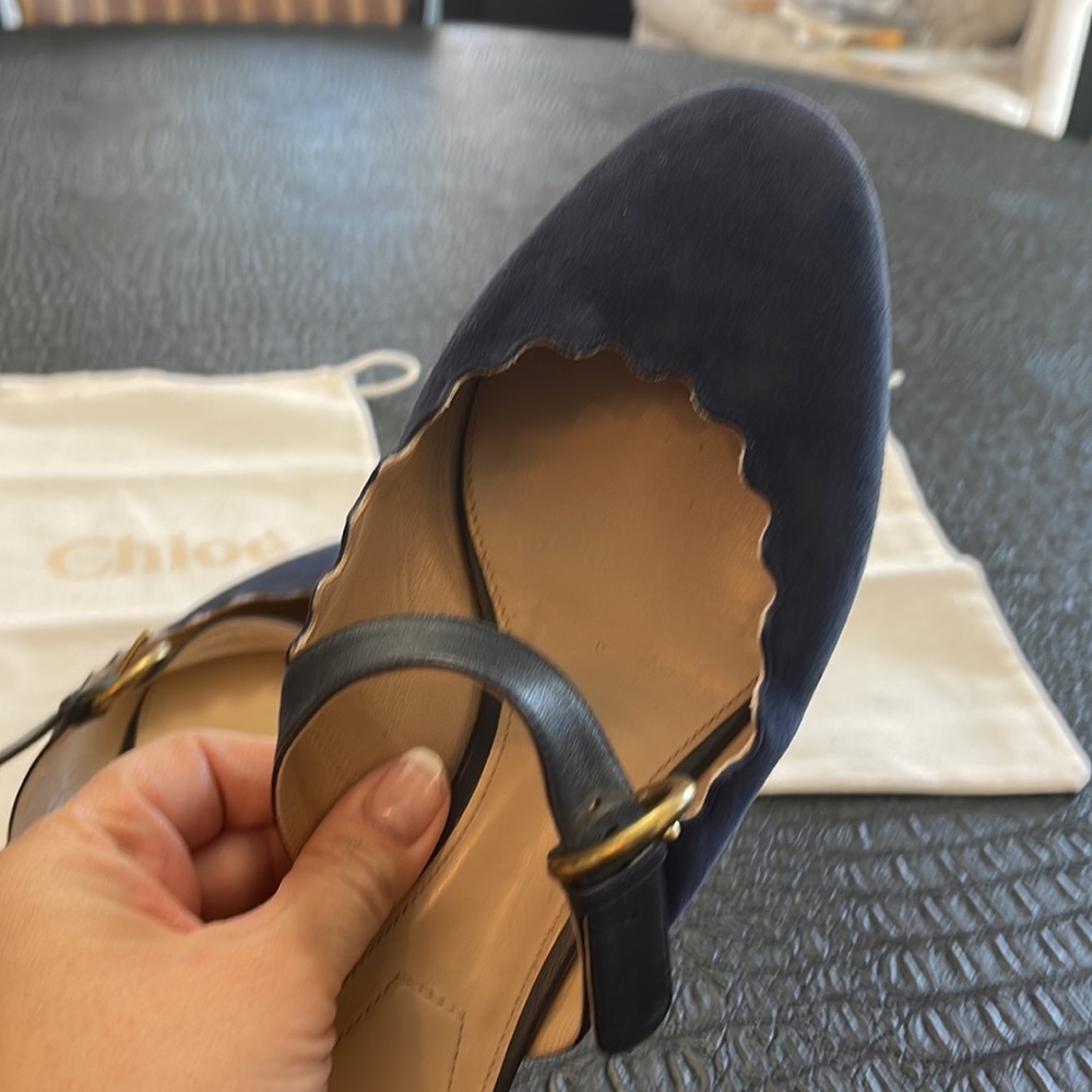 Chloe Flat Mule Slide SHOE Blue Navy Napa Leather with Buckle Size 39 1/2